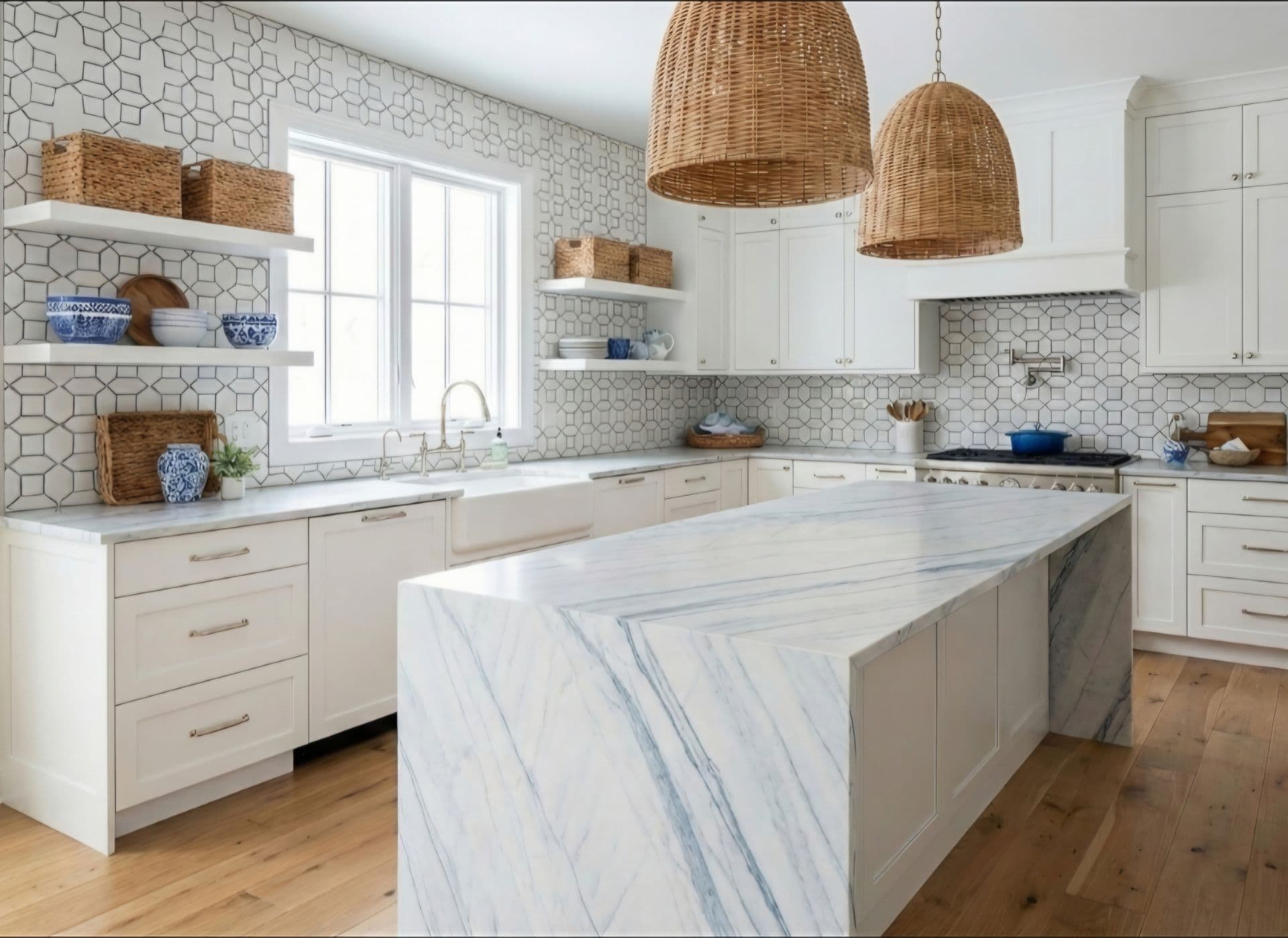 A kitchen with white cabinets, white geometric tile walls, and new blue and white marbled countertops and waterfall island.